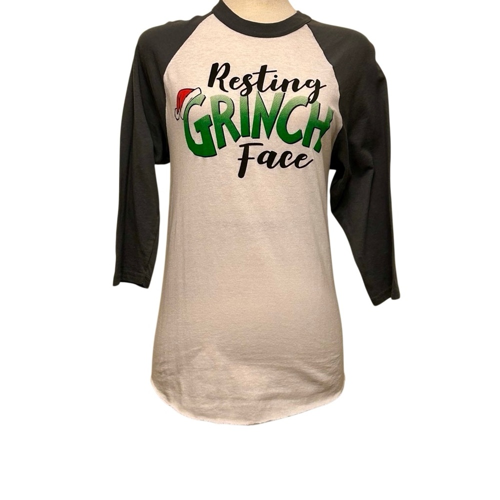Resting Grinch Face crew neck 3/4 sleeve tee shirt ringer S raw hem tunic NEW